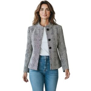 Austin Reed Womens Blazer Black‎ White Geometric Maze 3 Button Wool Blend 10